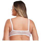 Back view of a woman wearing a sheer white fishnet camisole with spaghetti straps, showcasing plus size fashion.