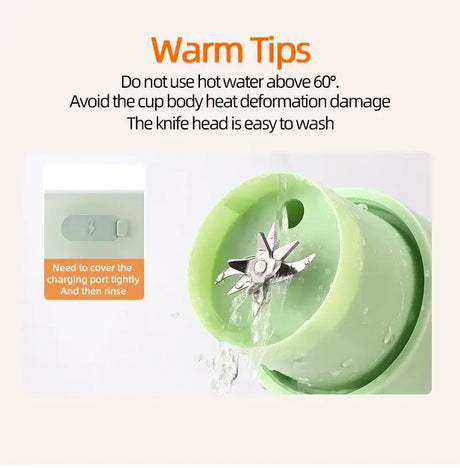 Tips for using the Wireless Portable Juicing Bucket, including washing instructions and water temperature warnings.