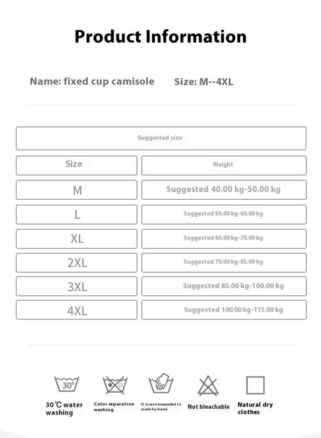 Product information sheet for BraChic™ Ice Silk Cami, including size guide M to 4XL and care instructions.