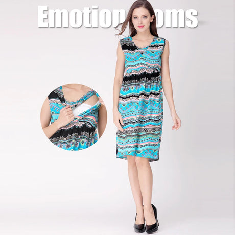 Round neck sleeveless maternity nursing dress in vibrant blue pattern, ideal for summer, designed for comfortable breastfeeding.