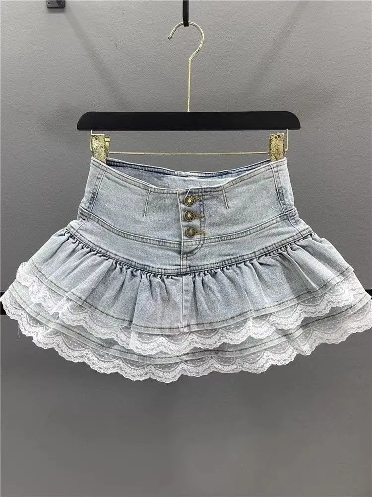 LaceFold™ – Pleated Denim Skirt with Shorts (American Spicy Girl)
