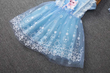 Blue girls summer flying sleeve dress with lace details and cartoon pattern, perfect for casual wear.