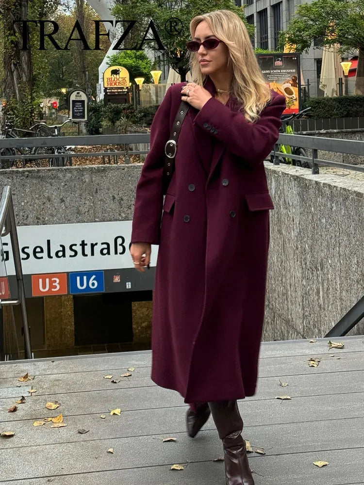 Burgundy Woolen Double Breasted Winter Coat