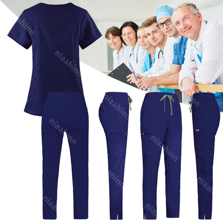 Solid color women's scrub set featuring breathable fabric, practical pockets, and a V-neck design.
