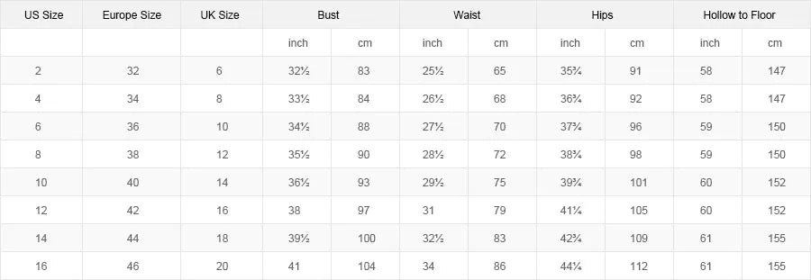 Size chart for bridesmaid evening gown, including US, UK, and Europe sizes and measurements for bust, waist, hips, and hollow to floor.