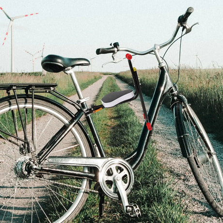 Kids Electric Bike Saddle attached to bicycle, perfect for ages 12+, designed for comfort with backrest.