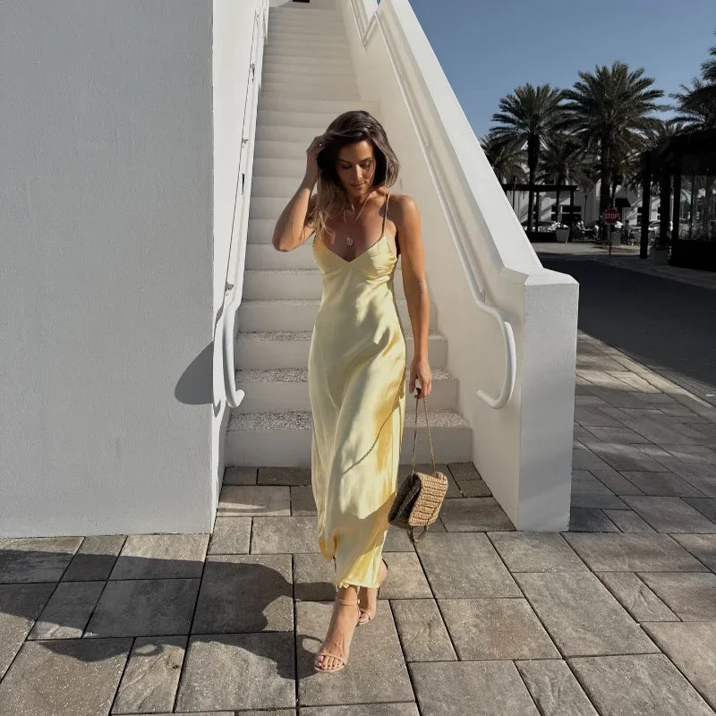 Golden Satin Backless Evening Gown