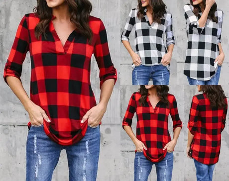 PlaidVibe™ V-Neck Summer T-Shirt featuring red and black checkered patterns, perfect for casual beach style.