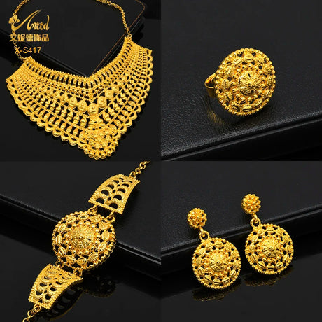 Luxury Indian bridal jewelry set, featuring a 24K gold plated necklace, earrings, ring, and bracelet in Bohemian style.