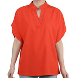 FlareFemme™ V-Neck Summer Blouse in bright orange, featuring short flare sleeves and a loose elegant fit for midlife women.