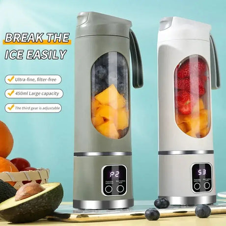 10 Blades Portable Fruit Juicer in grey and white, 450ml capacity, perfect for smoothies and juices, automatic pulp ejection.