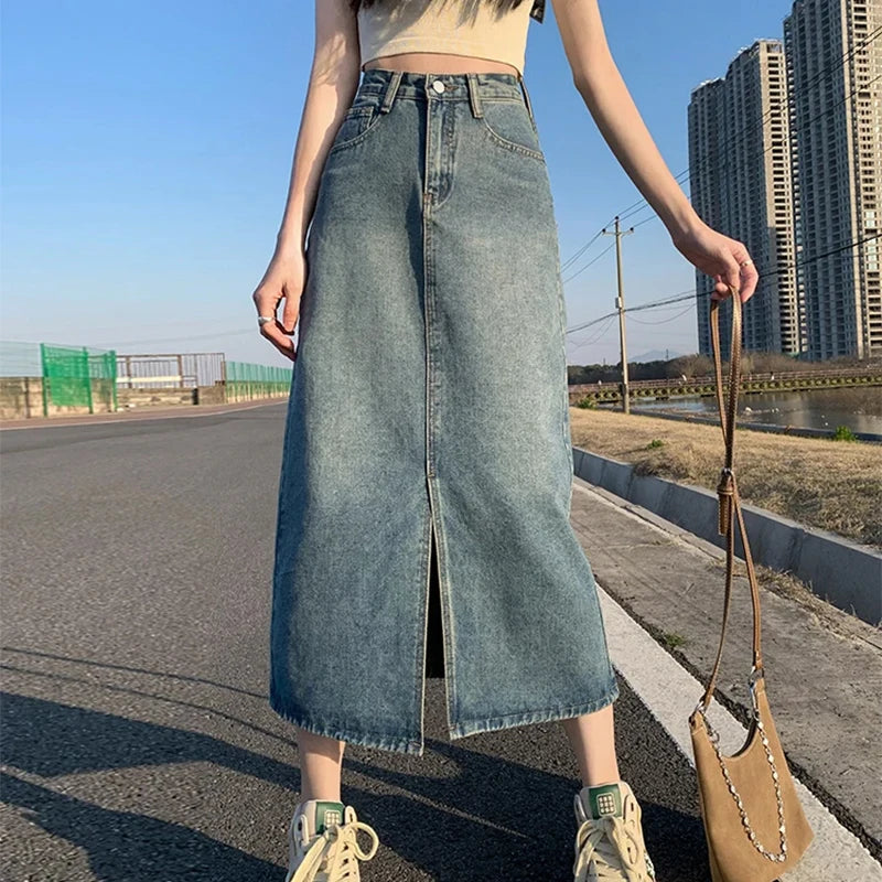 SplitEase™ – Long Washed Denim Skirt (High Waist, Hip Cover A-line)