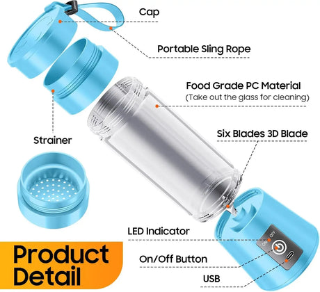 Detailed image of 380ml Mini Electric Juicer parts, highlighting its portable design, USB charging, and food-grade materials.