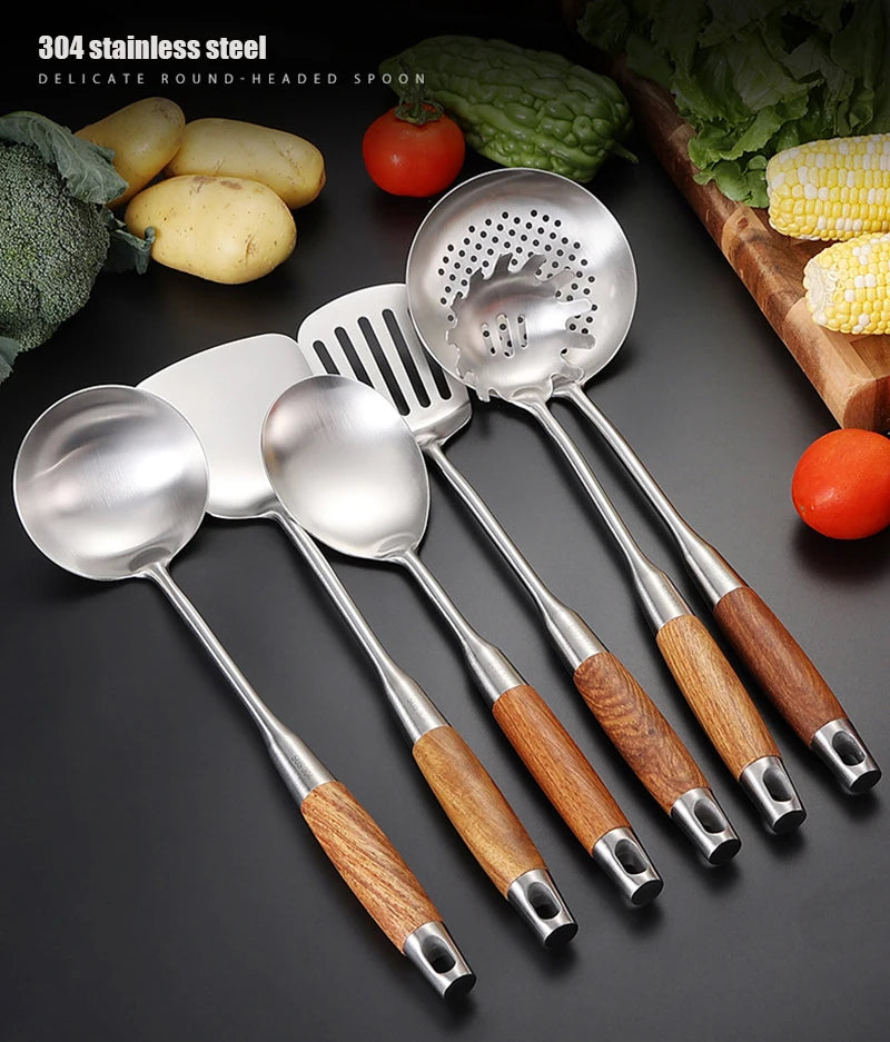 7-Piece Stainless Steel Utensil Set with Wooden Handle