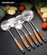7-Piece Stainless Steel Utensil Set with Wooden Handle