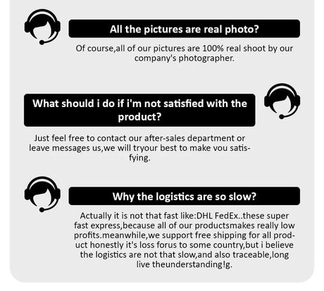 Customer support FAQ with contact info and logistics explanation on product satisfaction.