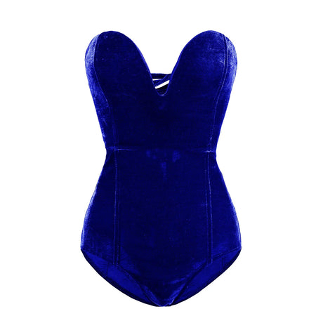 Velvet strapless lace-up bodysuit in deep blue, featuring a slim fit and elegant design for nightwear.