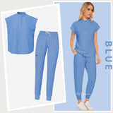 Elastic blue medical scrub set featuring a short-sleeve top and jogger-style pants, ideal for healthcare professionals.