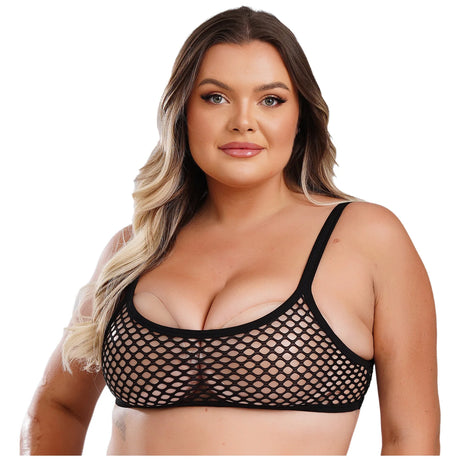 SheerCurvz™ Plus Size Fishnet Camisole in black, featuring spaghetti straps and a see-through design for a bold look.