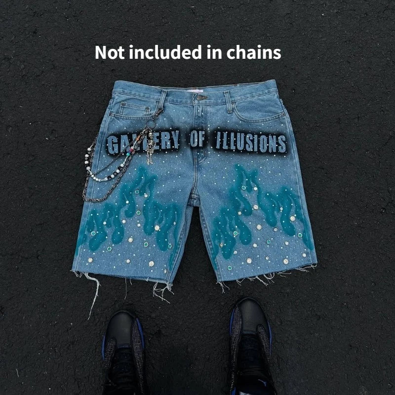FlameShorts™ – Rhinestone Baggy Shorts (Y2K Flame Street Look)
