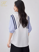 Back view of StripeMuse™ Colorblock Chiffon Shirt, featuring striped sleeves and a loose fit for summer office casual.