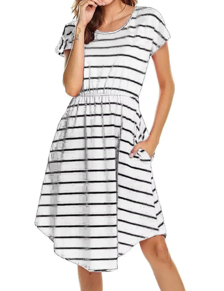 Striped multifunctional nursing dress with pockets, knee-length, boat neck design for maternity wear.