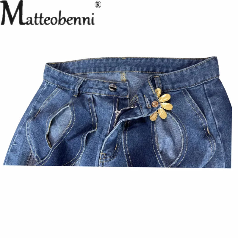 Women Hollow Out Stripe High Waist Jeans