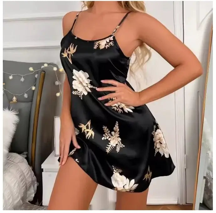 Women Black Floral Satin Nightdress Sleep Shirt