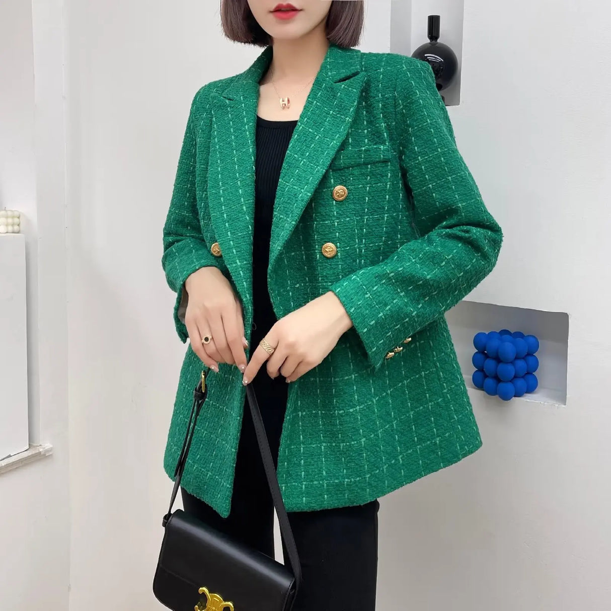 Plaidure™ – Double-Breasted Blazer (Vintage Long Sleeve with Smart Pocket Style)