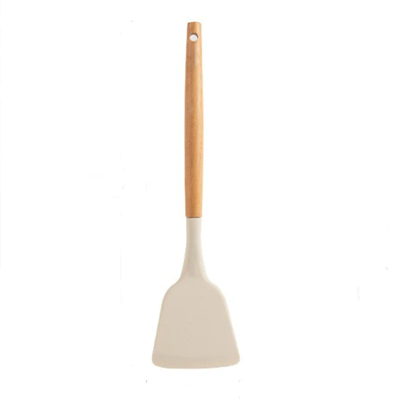 Silicone Cooking Utensil Set with Wooden Handle