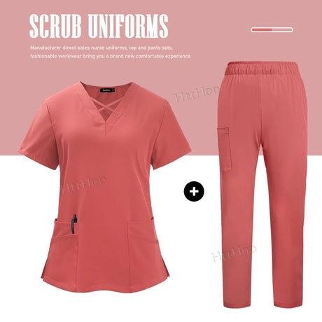 Nurse dental scrubs set for women and men, featuring breathable fabric and multiple pockets, ideal for medical and lab settings.