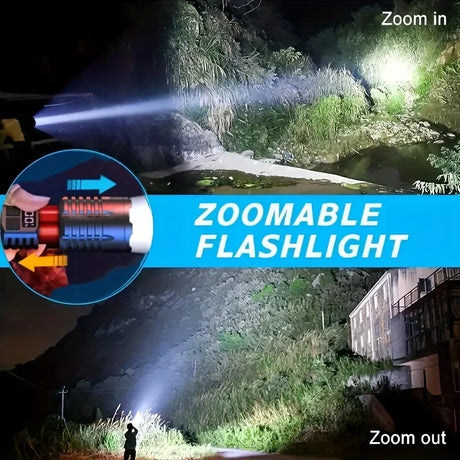 Heinast high power zoomable LED flashlight illuminating a dark outdoor scene, showcasing adjustable focus.