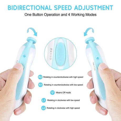Baby electric nail trimmer showing bidirectional speed adjustment and one-button operation with four working modes.
