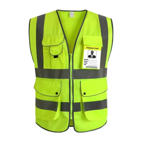 Hi-Vis yellow vest with reflective stripes and multiple pockets for safety and utility in construction and outdoor work.