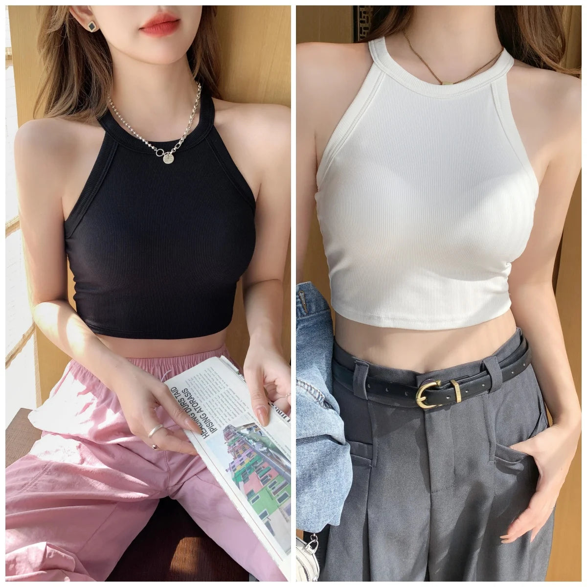 Cotton Knit Camisole Undershirt with Built-in Bra