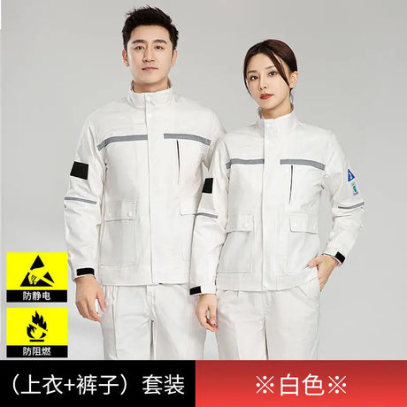 Anti-static flame-resistant welding suit in pure cotton, worn by male and female models, showcasing safety features.