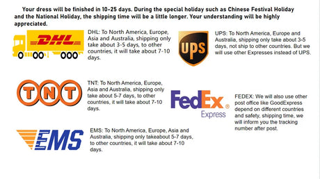 Shipping time and options for wedding dress delivery via DHL, UPS, TNT, FedEx, and EMS services.