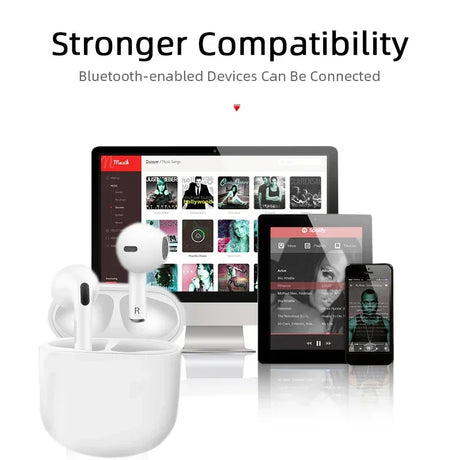 Pro 4 TWS Wireless Airbuds by BULIAN showcasing strong compatibility with Bluetooth devices.