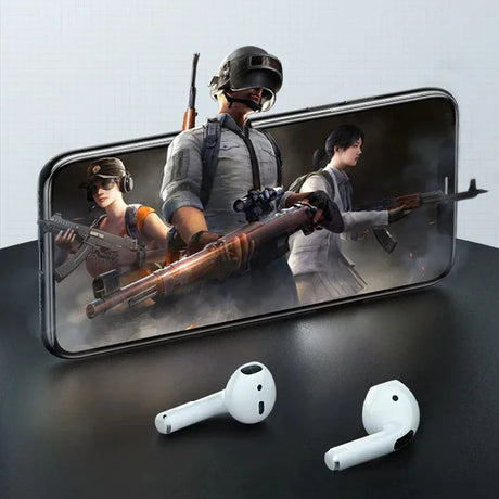 Pro 4 TWS Wireless Airbuds by BULIAN paired with smartphone gaming, featuring PUBG game characters and wireless sound.