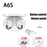 TWS A6S wireless Bluetooth headset with button control, stereo sound, and included USB cable and user manual.