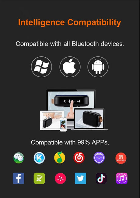 Image depicting compatibility of Portable Outdoor Bluetooth 5.0 Mini Speakers with Windows, Apple, Android, and various apps.