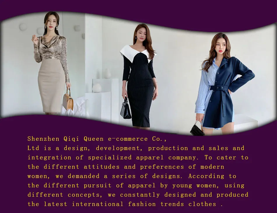 Three women modeling stylish dresses showcasing modern apparel designs by Shenzhen Qiqi Queen e-commerce.