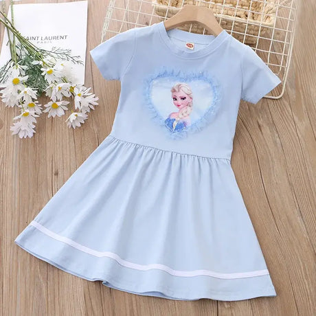 Blue Disney princess dress for girls, featuring a heart design with Elsa, perfect for summer wear.