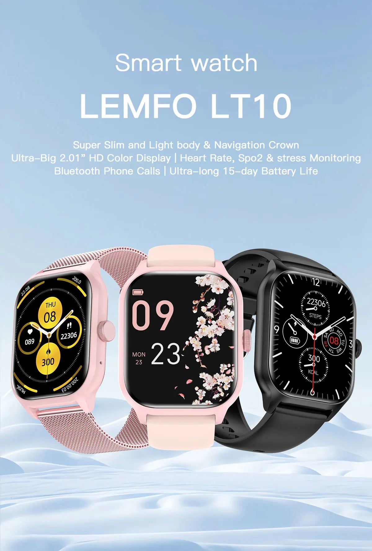 LEMFO LT10 Smart Watch display features, Bluetooth compatibility, heart rate and stress monitoring, and long battery life.