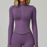 Ribbed Women's Yoga Jacket – Long Sleeve Standing Collar Fitness Top