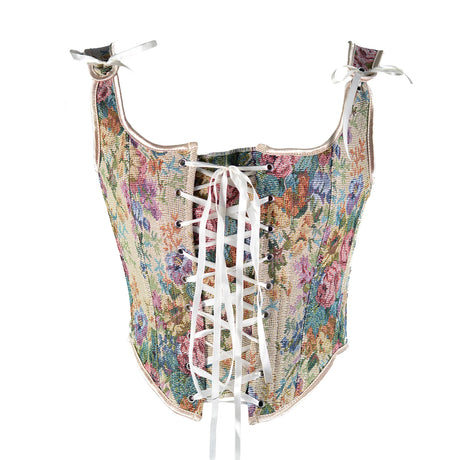 Retro floral corset cropped camisole with lace-up front and adjustable straps, ideal for summer party outfits.