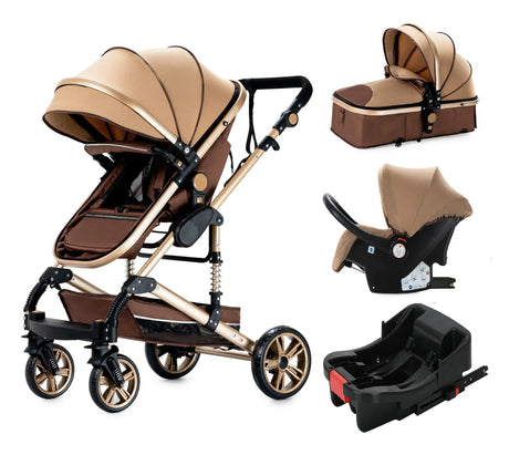 3-in-1 baby stroller and car seat set in brown, designed for ages 0-3 years, foldable and CE certified.