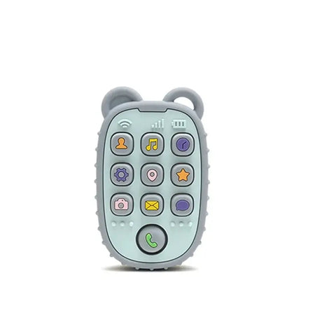 Soft silicone baby phone toy with colorful buttons and bear ears, ideal for toddlers' sensory play.