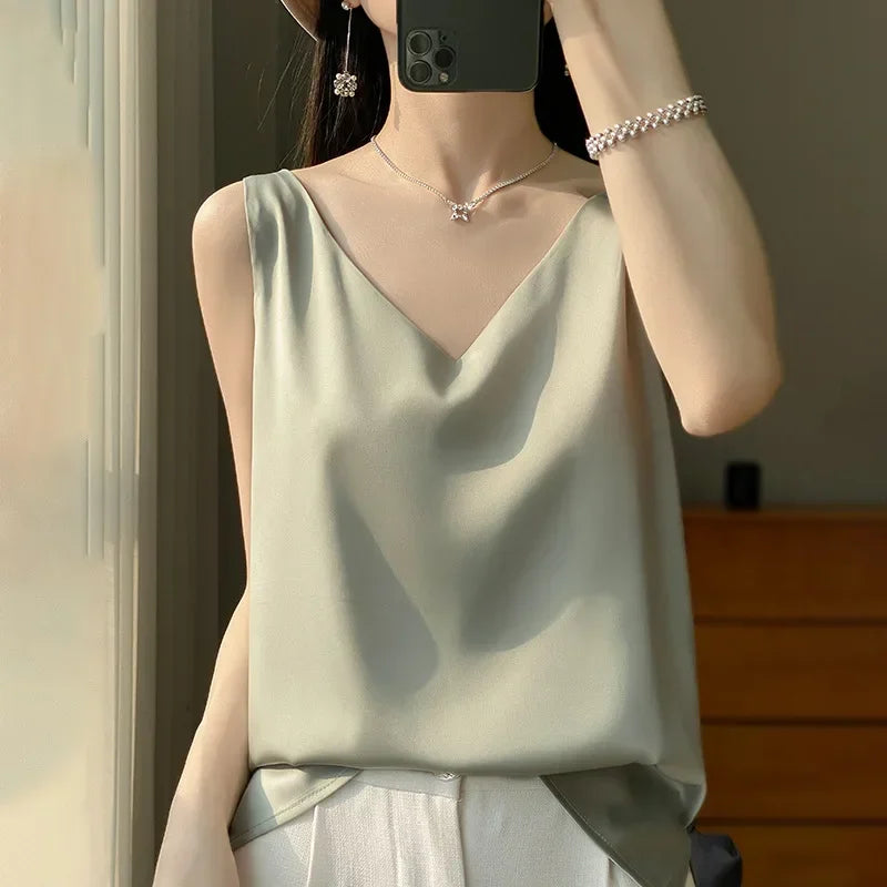 Ice Silk Satin V‑Neck Camisole Crop Top