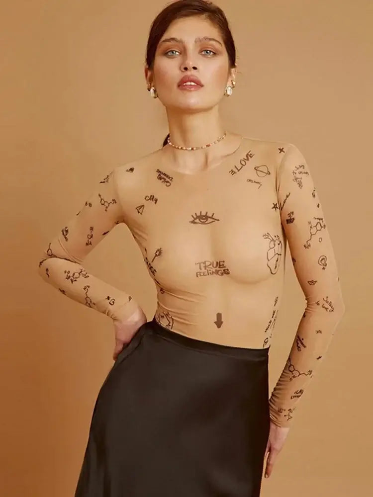 Women Slim Long Sleeve Print Bodysuit